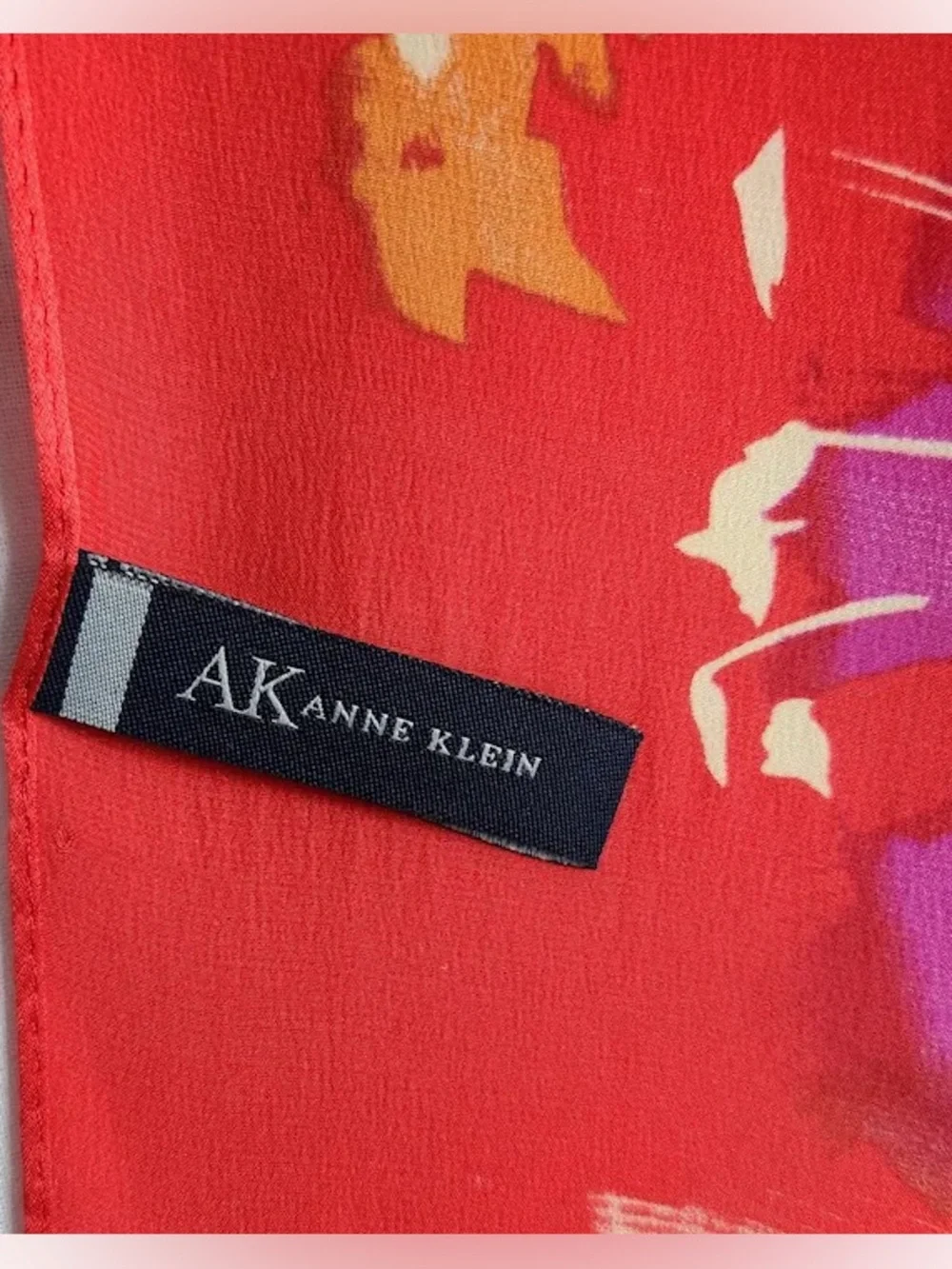 Vintage Anne Klein 100% Silk Scarf Brilliant Red Floral Print Long Rectangular